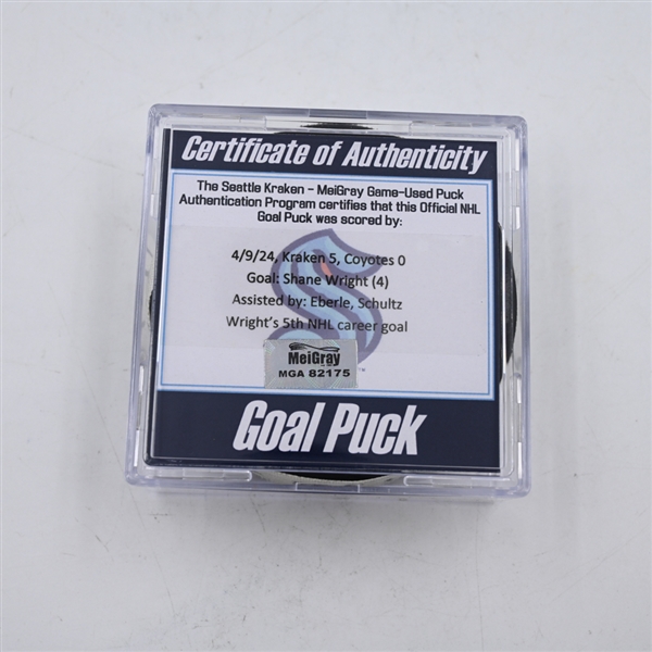 Shane Wright - Seattle Kraken - Goal Puck - April 9, 2024 vs. Arizona Coyotes (Kraken Logo)