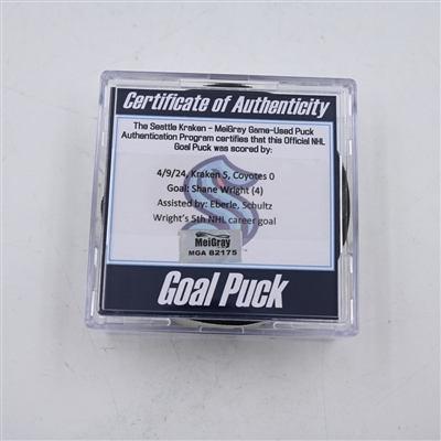 Shane Wright - Seattle Kraken - Goal Puck - April 9, 2024 vs. Arizona Coyotes (Kraken Logo)