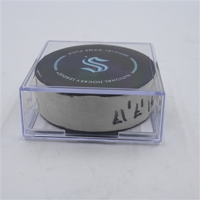 Shane Wright - Seattle Kraken - Goal Puck - April 9, 2024 vs. Arizona Coyotes (Kraken Logo)