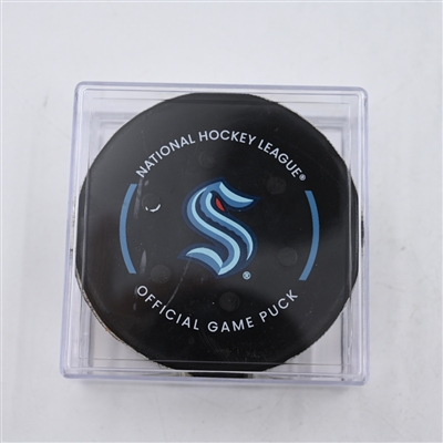 Fabian Zetterlund - San Jose Sharks - Goal Puck - April 11, 2024 vs. Seattle Kraken (Kraken Logo)