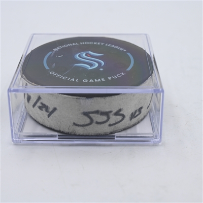 Fabian Zetterlund - San Jose Sharks - Goal Puck - April 11, 2024 vs. Seattle Kraken (Kraken Logo)