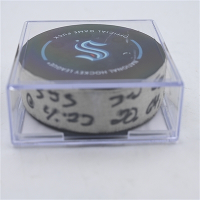 Fabian Zetterlund - San Jose Sharks - Goal Puck - April 11, 2024 vs. Seattle Kraken (Kraken Logo)