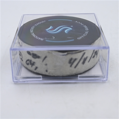 Fabian Zetterlund - San Jose Sharks - Goal Puck - April 11, 2024 vs. Seattle Kraken (Kraken Logo)