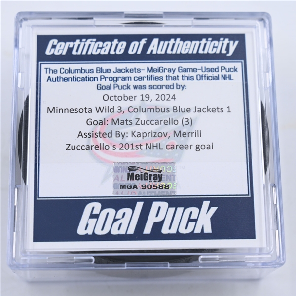 Mats Zuccarello - Minnesota Wild - Goal Puck - October 19, 2024 vs. Columbus Blue Jackets (Blue Jackets Logo)