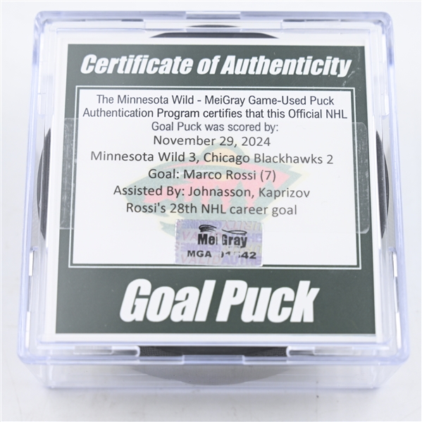 Marco Rossi - Minnesota Wild - Goal Puck - November 29, 2024 vs. Chicago Blackhawks (Wild Logo)