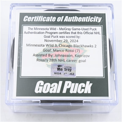 Marco Rossi - Minnesota Wild - Goal Puck - November 29, 2024 vs. Chicago Blackhawks (Wild Logo)