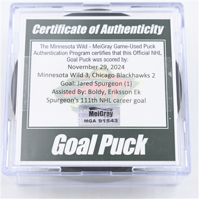 Jared Spurgeon - Minnesota Wild - Goal Puck - November 29, 2024 vs. Chicago Blackhawks (Wild Logo)