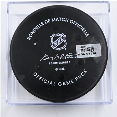 Lane Hutson - Montreal Canadiens - Goal Puck - December 23, 2024 vs. Columbus Blue Jackets (Blue Jackets Logo)