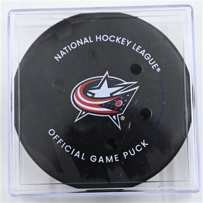 Lane Hutson - Montreal Canadiens - Goal Puck - December 23, 2024 vs. Columbus Blue Jackets (Blue Jackets Logo)