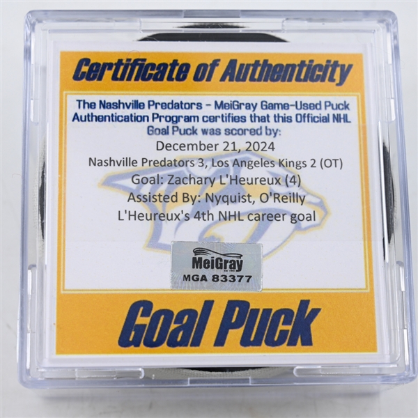 Zachary LHeureux - Nashville Predators - Goal Puck - December 21, 2024 vs. Los Angeles Kings (Predators Logo)