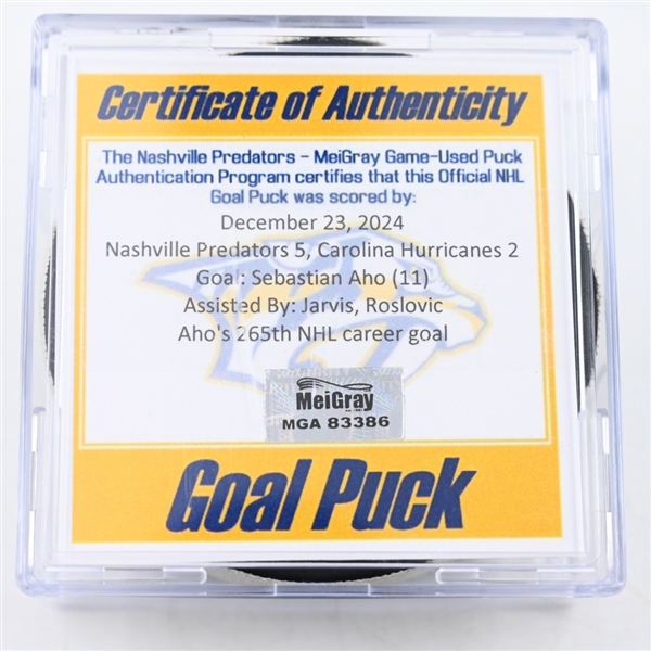 Sebastian Aho - Carolina Hurricanes - Goal Puck - December 23, 2024 vs. Nashville Predators (Predators Logo)