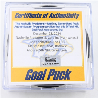 Sebastian Aho - Carolina Hurricanes - Goal Puck - December 23, 2024 vs. Nashville Predators (Predators Logo)