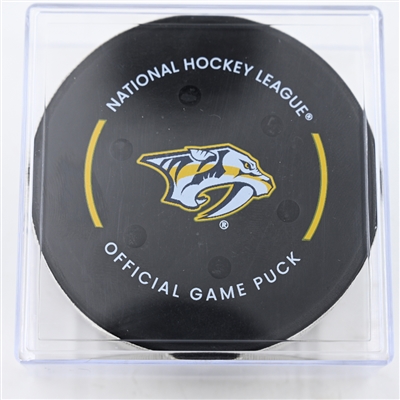 Sebastian Aho - Carolina Hurricanes - Goal Puck - December 23, 2024 vs. Nashville Predators (Predators Logo)