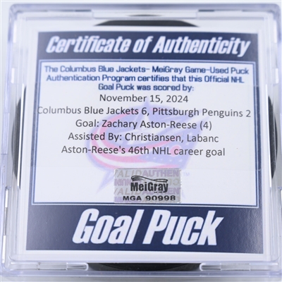 Zachary Aston-Reese - Columbus Blue Jackets - Goal Puck - November 15, 2024 vs. Pittsburgh Penguins (Blue Jackets Logo)