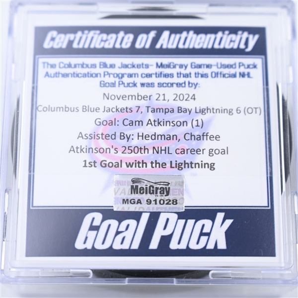 Cam Atkinson - Tampa Bay Lightning - Goal Puck - November 21, 2024 vs. Columbus Blue Jackets (Blue Jackets Logo)