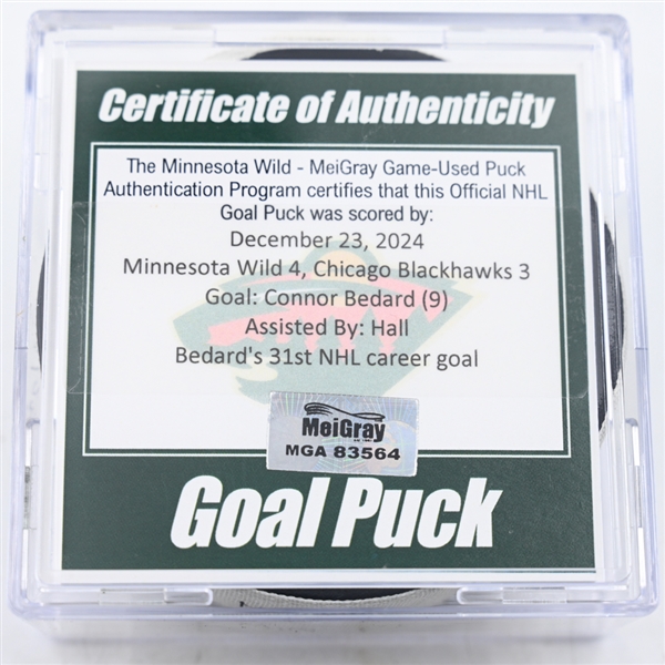 Connor Bedard - Chicago Blackhawks - Goal Puck - December 23, 2024 vs. Minnesota Wild (Wild Logo)