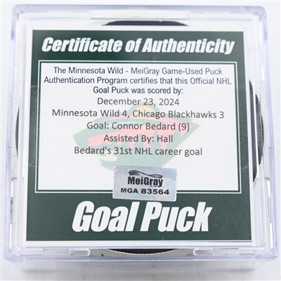 Connor Bedard - Chicago Blackhawks - Goal Puck - December 23, 2024 vs. Minnesota Wild (Wild Logo)