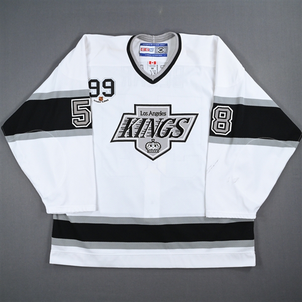 Derek Bekar - Game-Worn White Throwback Jersey w/ Wayne Gretzky #99 Retirement Night Patch - 10/9/02 - 3rd Period