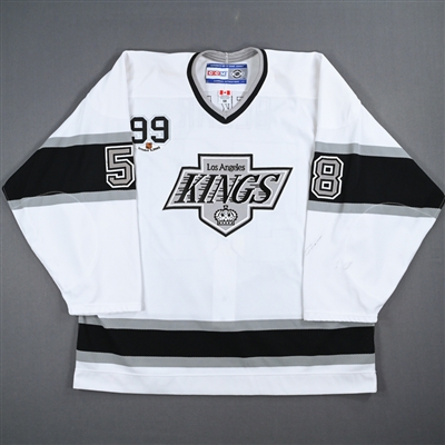 Derek Bekar - Game-Worn White Throwback Jersey w/ Wayne Gretzky #99 Retirement Night Patch - 10/9/02 - 3rd Period