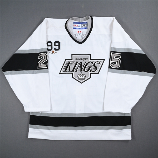 Eric Belanger - Game-Worn White Throwback Jersey w/ Wayne Gretzky #99 Retirement Night Patch - 10/9/02 - 3rd Period