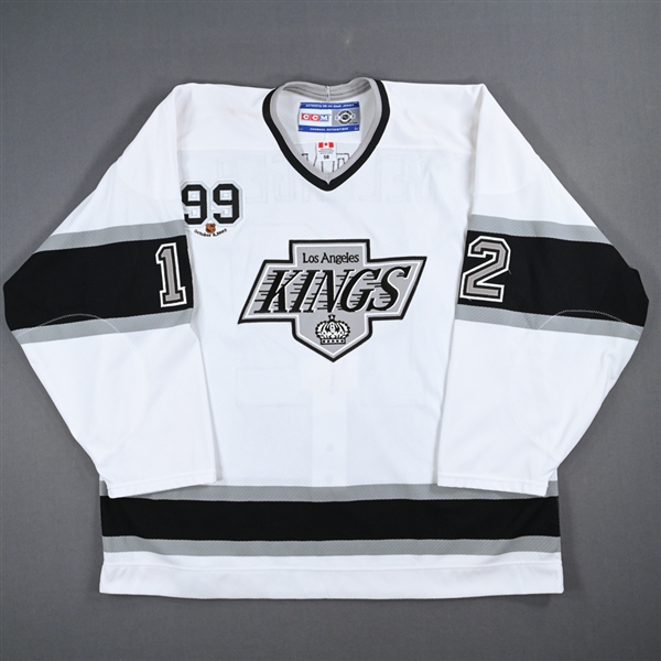 Ken Belanger - Game-Issued White Throwback Jersey w/ Wayne Gretzky #99 Retirement Night Patch - 10/9/02 - 3rd Period