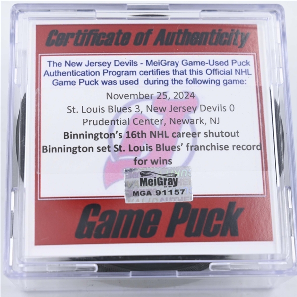 Jordan Binnington - 16th NHL Career Shutout - New Jersey Devils - Game-Puck - November 27, 2024 vs. St. Louis Blues (Devils Logo)