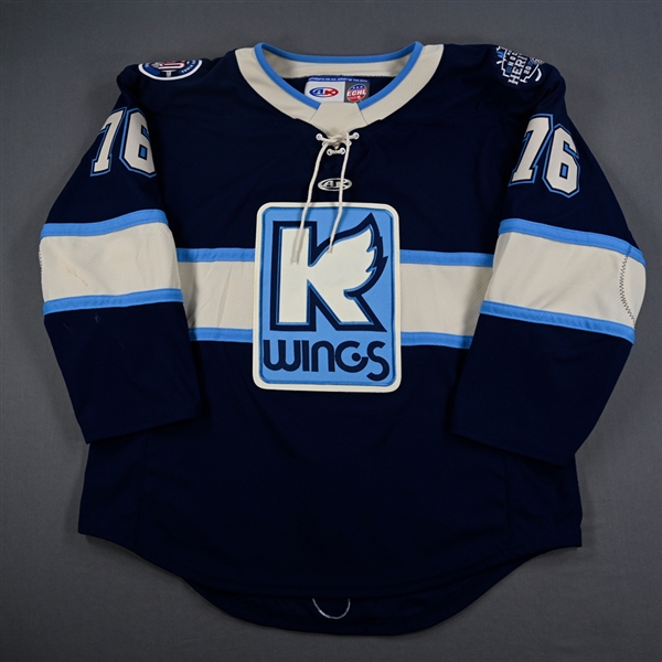 Josh Bloom - Kalamazoo Wings - Game-Worn Navy Jersey w/A - 2025 Warrior/ECHL Hockey Heritage Classic - Worn January 18, 2025 - 2nd Period, 3rd Period & Overtime - Autographed