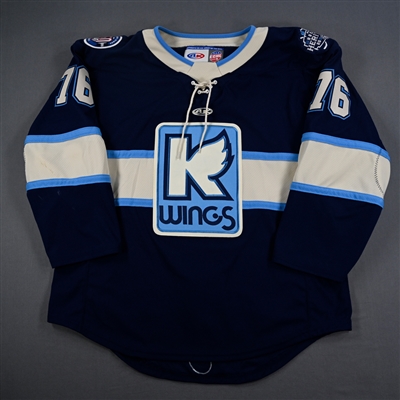 Josh Bloom - Kalamazoo Wings - Game-Worn Navy Jersey w/A - 2025 Warrior/ECHL Hockey Heritage Classic - Worn January 18, 2025 - 2nd Period, 3rd Period & Overtime - Autographed