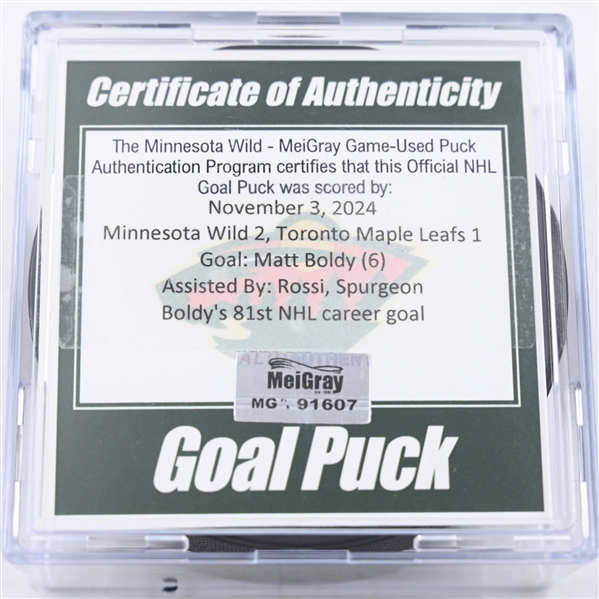 Matt Boldy - Minnesota Wild - Goal Puck - November  3, 2024 vs. Toronto Maple Leafs (Wild Logo)