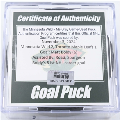 Matt Boldy - Minnesota Wild - Goal Puck - November  3, 2024 vs. Toronto Maple Leafs (Wild Logo)