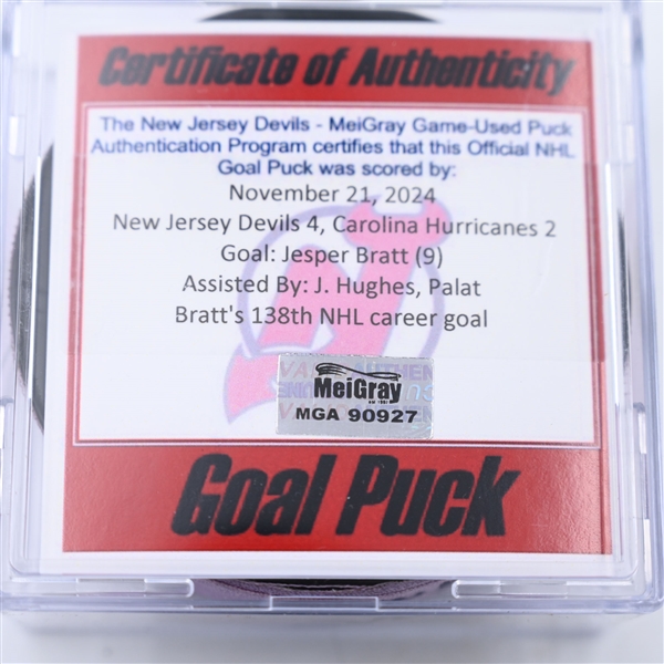 Jesper Bratt - New Jersey Devils - Goal Puck - November 21, 2024 vs. Carolina Hurricanes (Devils Logo)