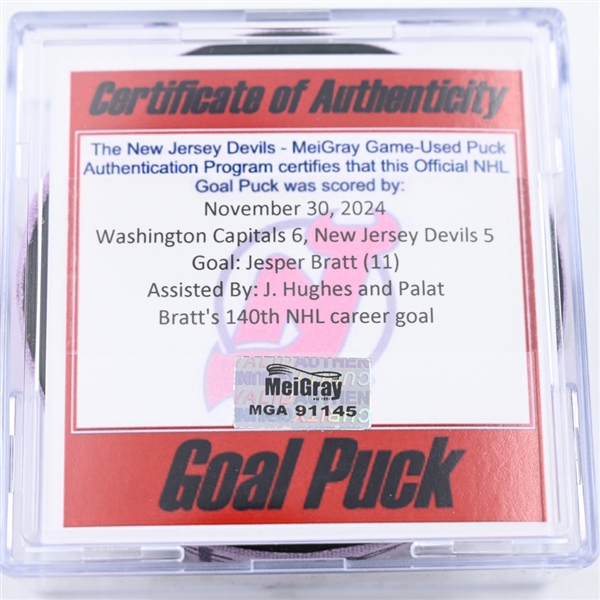 Jesper Bratt - New Jersey Devils - Goal Puck - November 30, 2024 vs. Washington Capitals (Devils Logo)