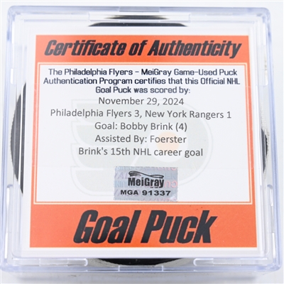 Bobby Brink - Philadelphia Flyers - Goal Puck - November 29, 2024 vs. New York Rangers (Flyers Logo)