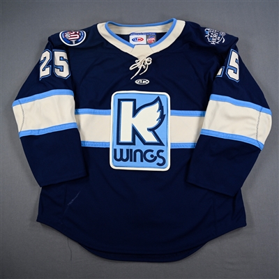 Travis Broughman - Kalamazoo Wings - Game-Worn Navy Jersey - 2025 Warrior/ECHL Hockey Heritage Classic - Worn January 18, 2025 - 2nd Period, 3rd Period & Overtime - Autographed