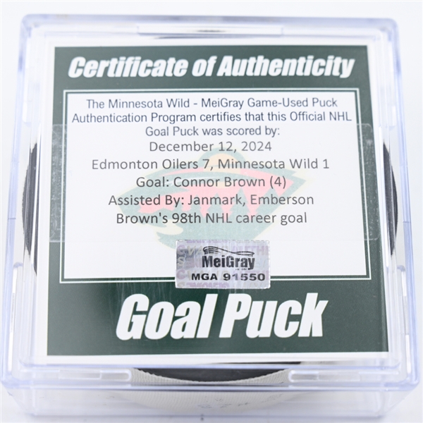 Connor Brown - Edmonton Oilers - Goal Puck - December 12, 2024 vs. Minnesota Wild (Wild Logo)