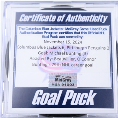 Michael Bunting - Pittsburgh Penguins - Goal Puck - November 15, 2024 vs. Columbus Blue Jackets (Blue Jackets Logo)