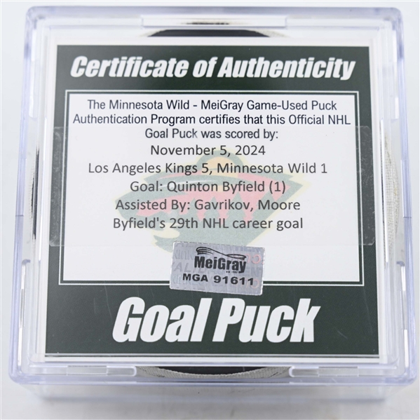 Quinton Byfield - Los Angeles Kings - Goal Puck - November 5, 2024 vs. Minnesota Wild (Wild Logo)