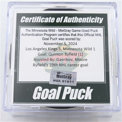 Quinton Byfield - Los Angeles Kings - Goal Puck - November 5, 2024 vs. Minnesota Wild (Wild Logo)