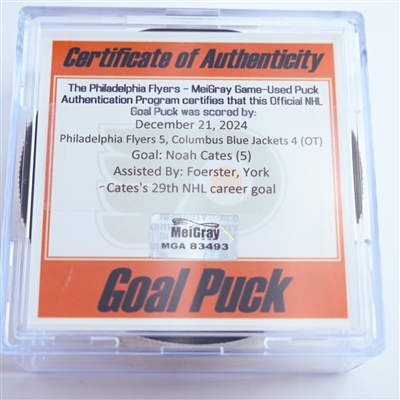 Noah Cates - Philadelphia Flyers - Goal Puck - December 21, 2024 vs. Columbus Blue Jackets (Flyers Logo)