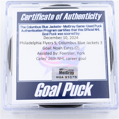 Noah Cates - Philadelphia Flyers - Goal Puck - December 10, 2024 vs. Columbus Blue Jackets (Blue Jackets Logo)