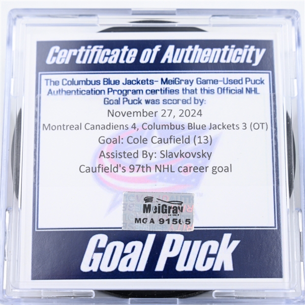 Cole Caufield - Montreal Canadiens - Goal Puck - November 27, 2024 vs. Columbus Blue Jackets (Blue Jackets Logo)