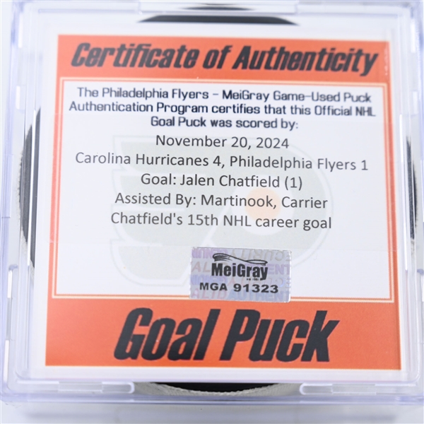 Jalen Chatfield - Carolina Hurricanes - Goal Puck - November 20, 2024 vs. Philadelphia Flyers (Flyers Logo)