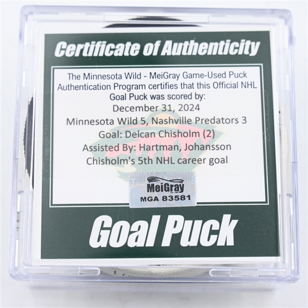 Delcan Chisholm - Minnesota Wild - Goal Puck - December 31, 2024 vs. Nashville Predators (Wild Logo)