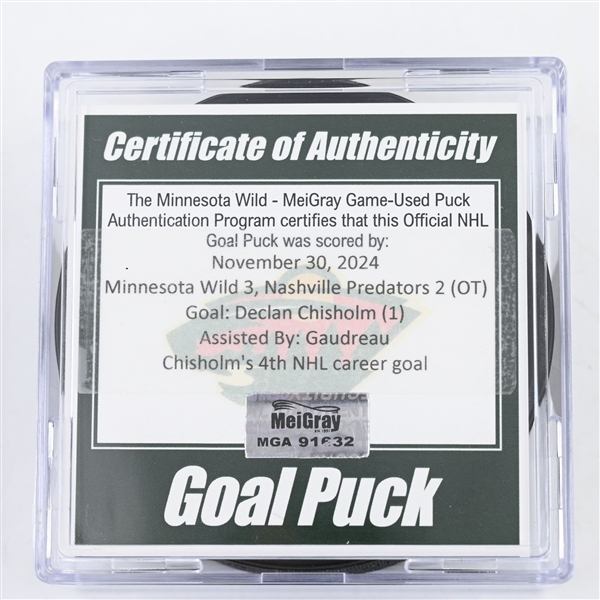 Declan Chisholm - Minnesota Wild - Goal Puck - November 30, 2024 vs. Nashville Predators (Wild Logo)