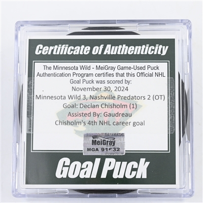 Declan Chisholm - Minnesota Wild - Goal Puck - November 30, 2024 vs. Nashville Predators (Wild Logo)