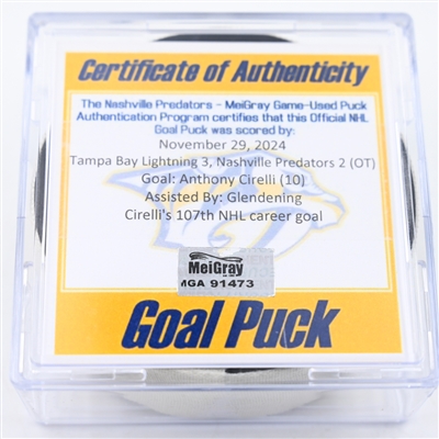 Anthony Cirelli - Tampa Bay Lightning - Goal Puck - November 29, 2024 vs. Nashville Predators (Predators Logo)