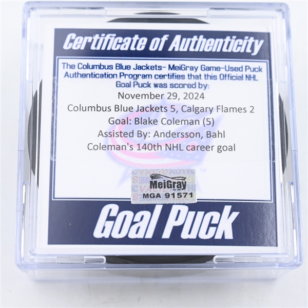 Blake Coleman - Calgary Flames - Goal Puck - November 29, 2024 vs. Columbus Blue Jackets (Blue Jackets Logo)