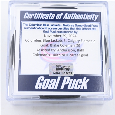 Blake Coleman - Calgary Flames - Goal Puck - November 29, 2024 vs. Columbus Blue Jackets (Blue Jackets Logo)