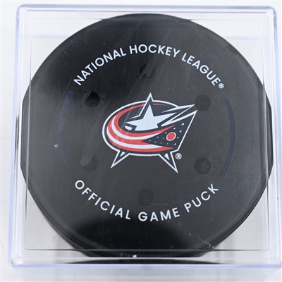 Blake Coleman - Calgary Flames - Goal Puck - November 29, 2024 vs. Columbus Blue Jackets (Blue Jackets Logo)