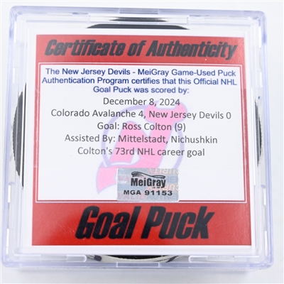 Ross Colton - Colorado Avalanche - Goal Puck - December 8, 2024 vs. New Jersey Devils (Devils Logo)